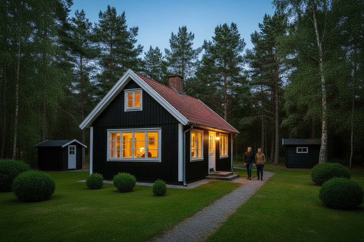 Dansk sommerhus med nåletræer