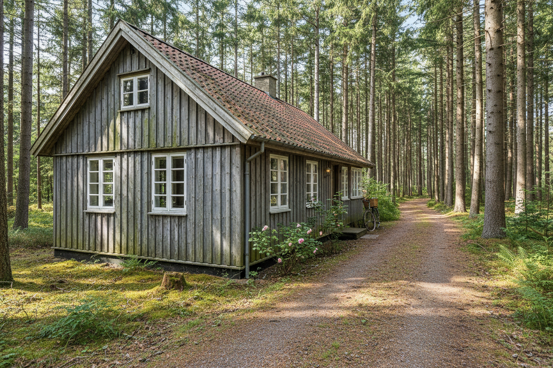 Dansk sommerhus på grusvej blandt fyrretræer – typisk sommerhusområde på Vestsjælland