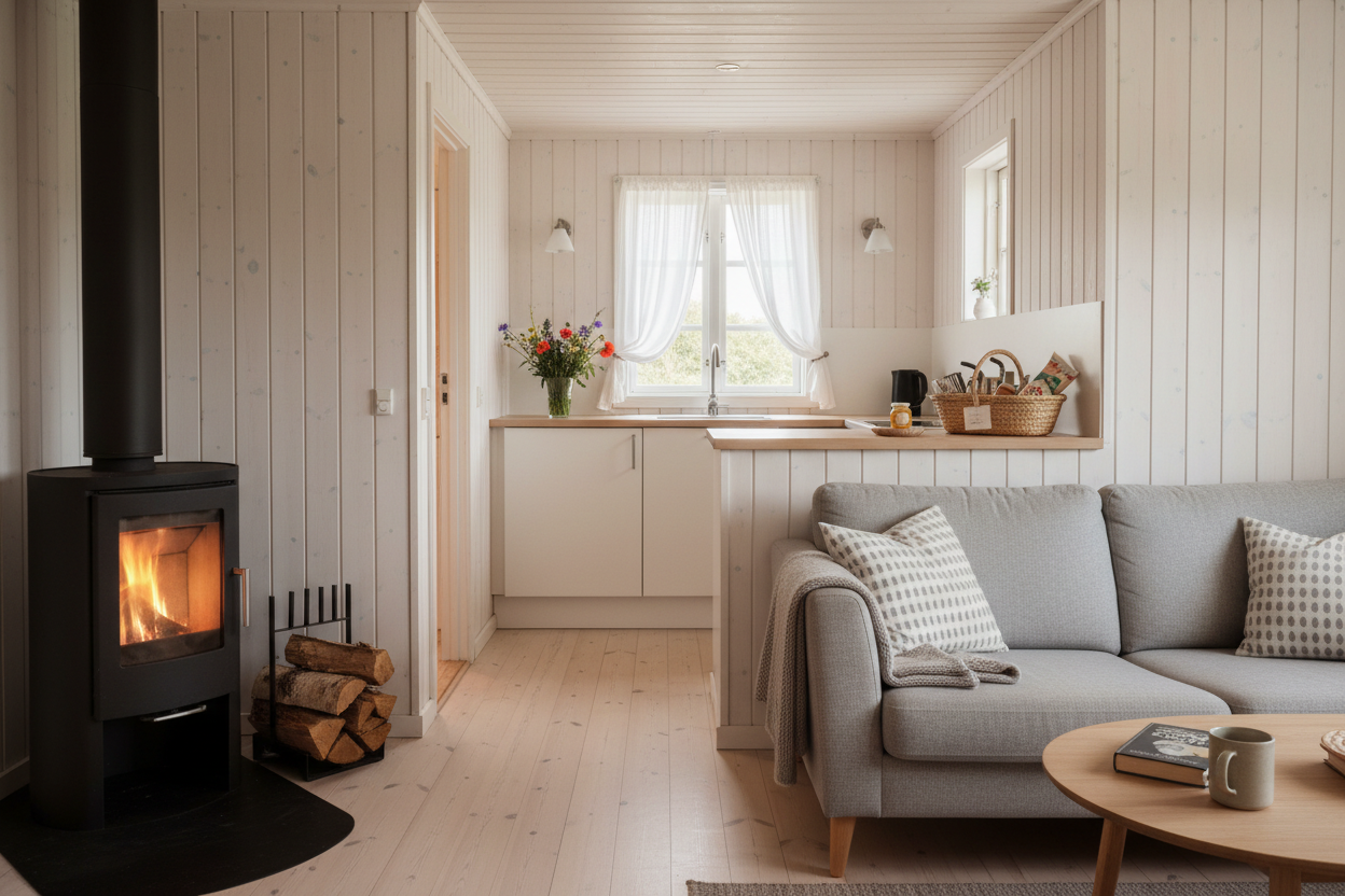Luftigt og rent dansk sommerhus køkken med blomster, hyggekurv og brændeovn – klar til ankomst