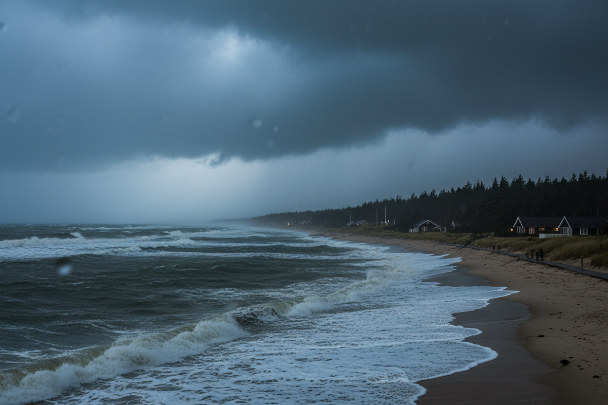 Stormfuld regn ved dansk strand med skovkant mod sommerhusområde på Vestsjælland
