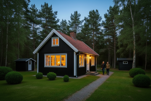 Dansk sommerhus med nåletræer