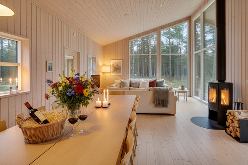 Premium Deluxe – luksus sommerhus hyggekurv rødvin blomster brændeovn