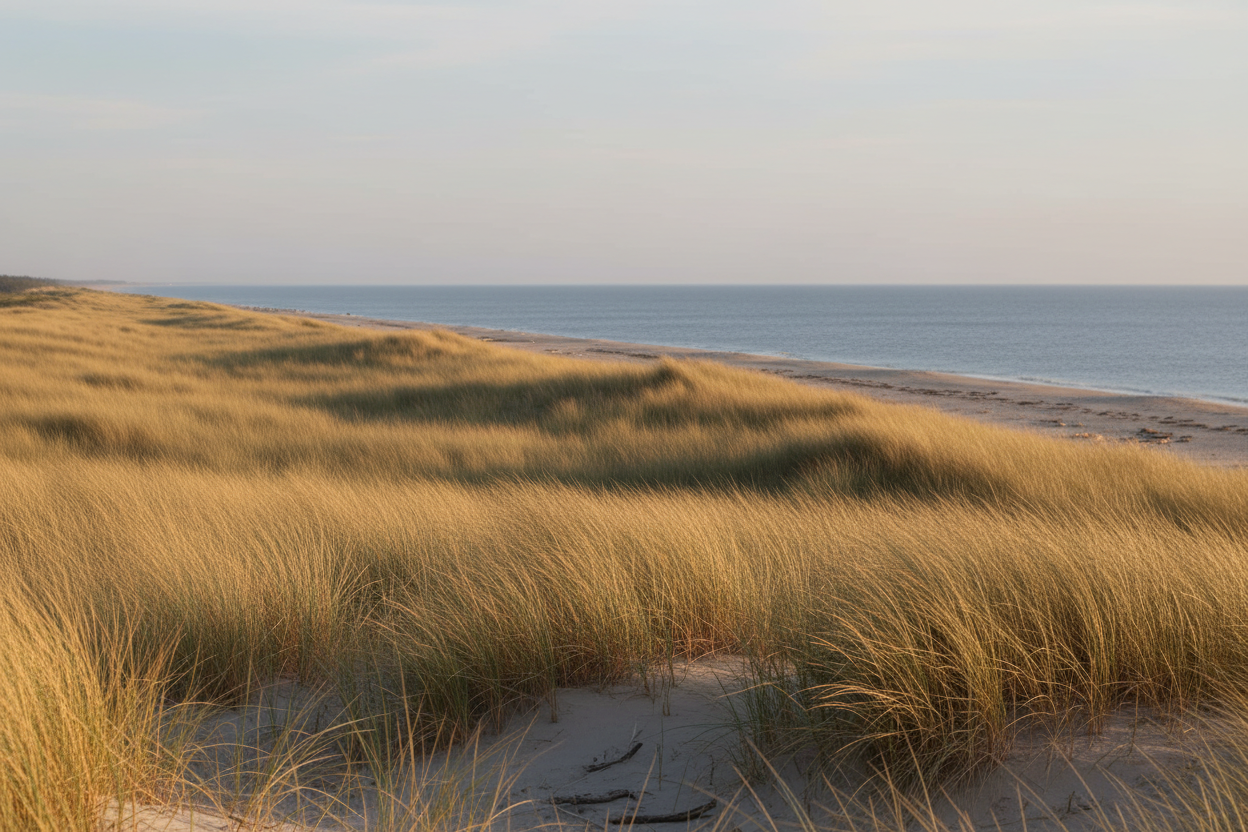 Rolig dansk kyst med strand, hav og siv